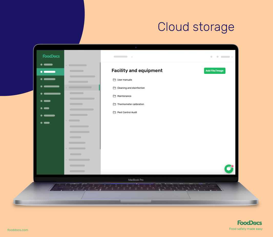 Example of the FoodDocs cloud storage for easy access to food safety files.