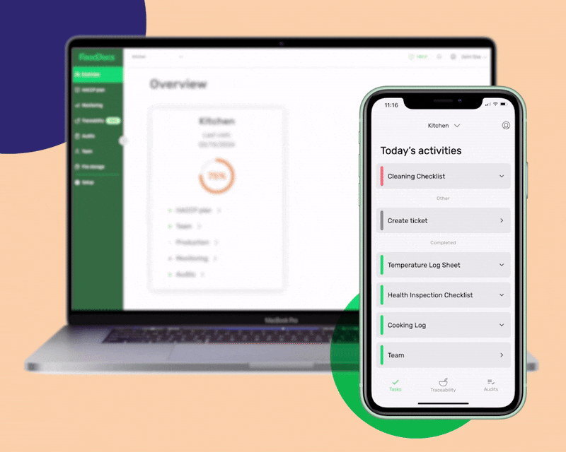 Overview of FoodDocs mobile and desktop apps working together.